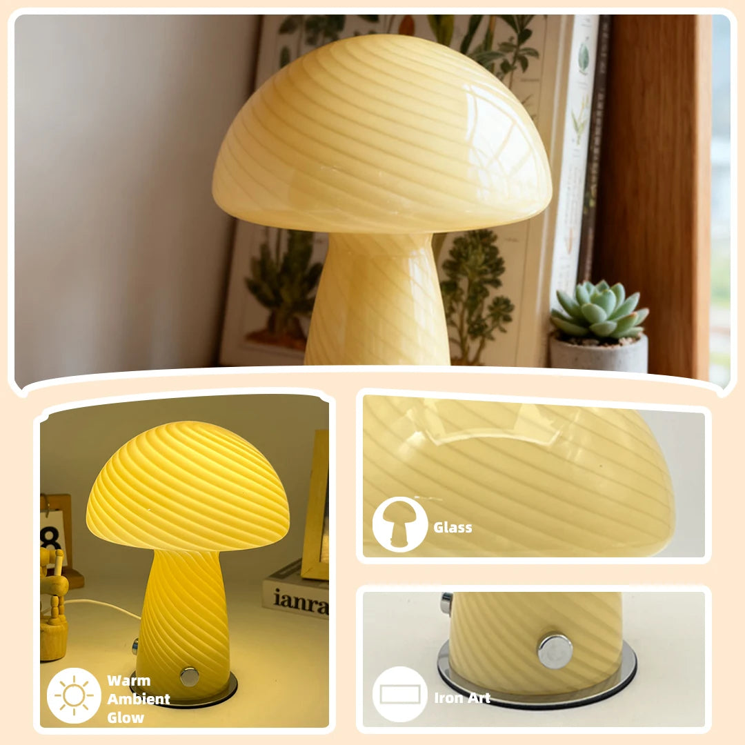 Murano-Style Glass Mushroom Lamp for Bedside & Living Room | Mid-Century Retro Table Lamp | Dimmable Plug-in LED, Swirl or Solid Designs