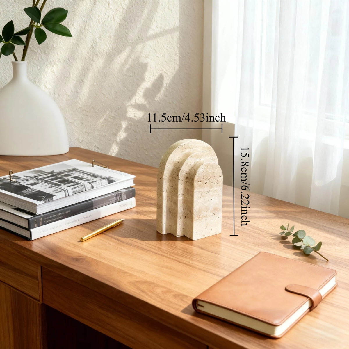Travertine Marble Bookend for Bookshelf, Desk & Living Room | Natural Stone Book Stopper | Modern Minimalist Office Decor, 1 Piece