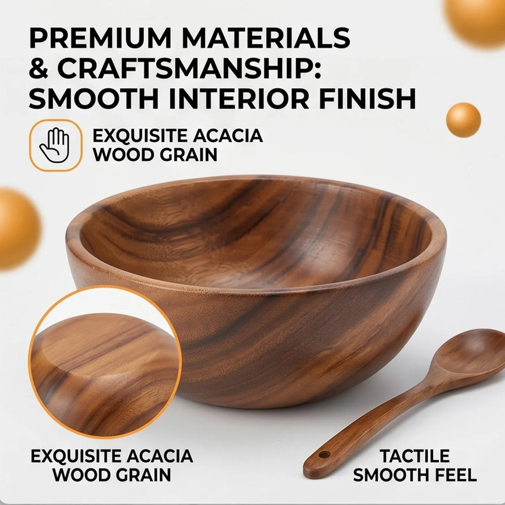 Solid Acacia Wood Serving Bowl for Salads, Snacks & Fruit | One-Piece Hand-Finished Wooden Bowl | Food-Safe Kitchen Tableware, 250ml–1100ml
