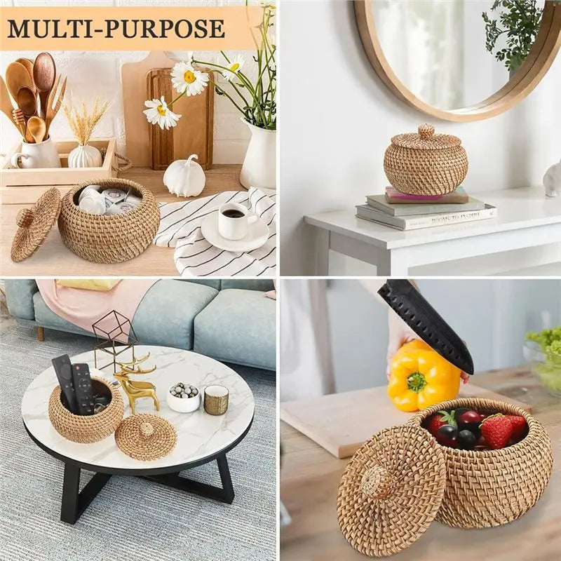 Small Rattan Basket with Lid for Entryway, Shelf & Bathroom | Hand-Woven Wicker Storage Bin | Round Lidded Basket 16x14cm