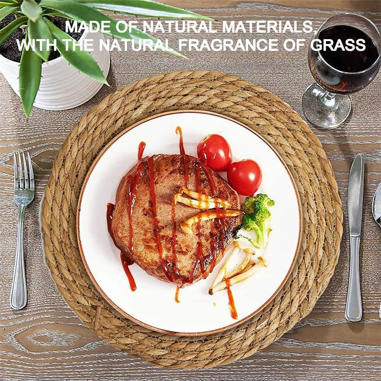 Round Woven Placemats for Dining Table | Natural Straw & Water Hyacinth-Style Boho Place Mats | Farmhouse Table Decor, 30–38cm