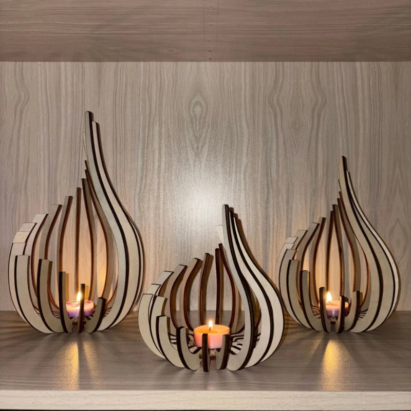 Handmade Wooden Candle Holder for Dining Table & Mantel | Sculptural Flame-Shaped Candlestick | Romantic Table Decor, S, M, L or Set of 3