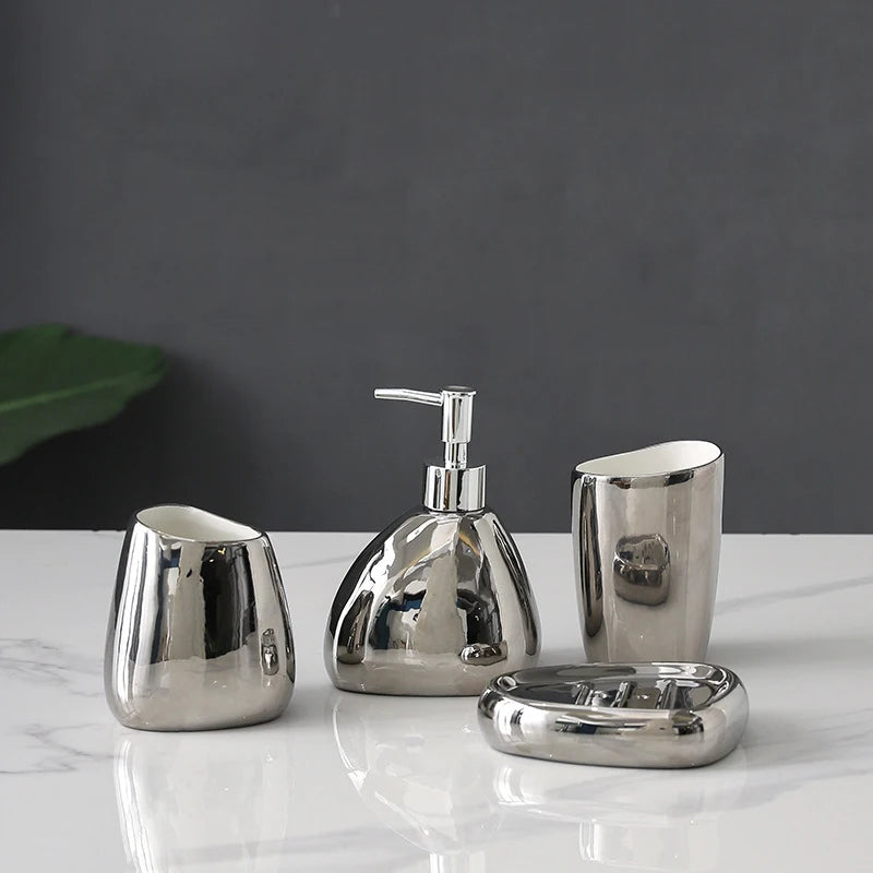 Ceramic Bathroom Accessories Set for Vanity & Bathroom Counter | Soap Dispenser, Tumbler, Toothbrush Holder & Soap Dish | 4 or 5 Pieces in White, Silver or Gold