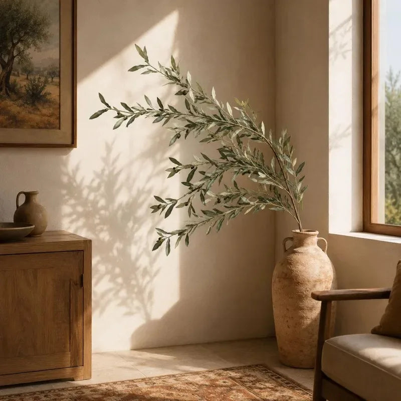 Silk Artificial Olive Branch with Fruit for Tall Vases | 113cm Bendable Faux Greenery Stem | Home & Wedding Decor, Single or 3-Pack
