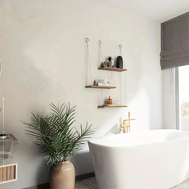Rope Hanging Wooden Wall Shelf for Bathroom & Bedroom | Small Floating Plant Shelf & Display Rack | Minimalist Boho Storage Organiser