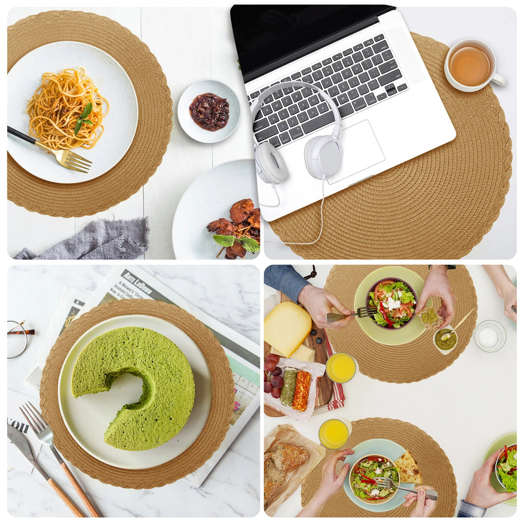 Round Braided Placemats Set of 6 with Coasters for Dining Table | Washable Non-Slip Woven Table Mats | Holiday & Everyday Table Decor, 34cm