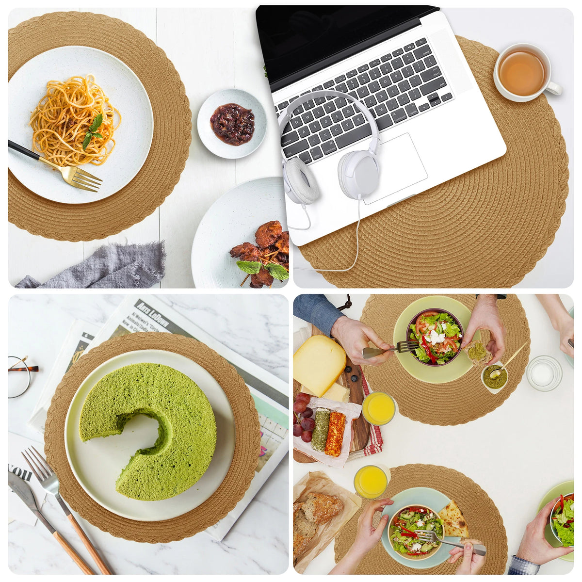 Round Braided Placemats Set of 6 with Coasters for Dining Table | Washable Non-Slip Woven Table Mats | Holiday & Everyday Table Decor, 34cm