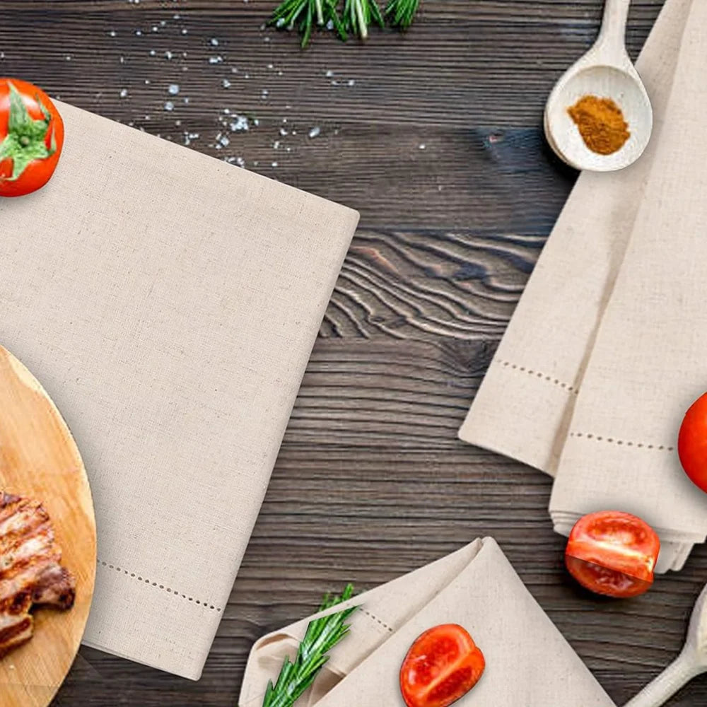 Hemstitched Linen Napkins Set of 6 | Washable Flax Cloth Dinner Napkins for Christmas & Weddings, Natural or White, 45cm or 50cm