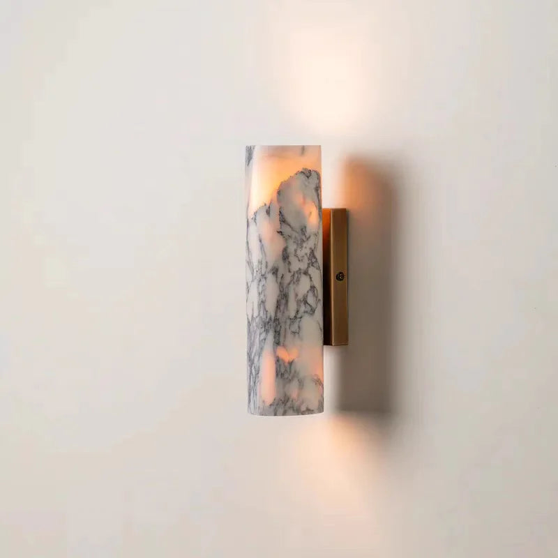 Marble & Brass LED Wall Sconce | Minimalist Cylinder Wall Light for Staircase, Corridor, Bedside & Living Room, Warm White