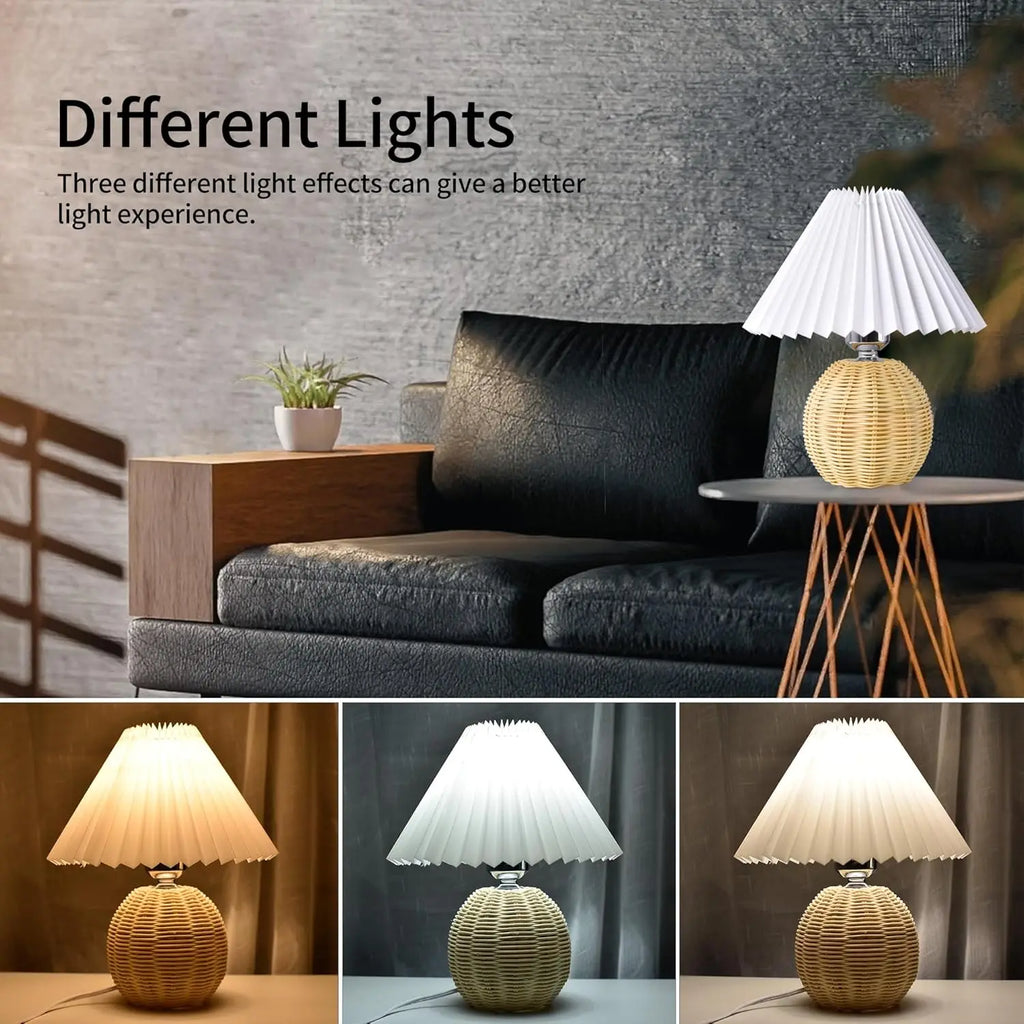 Rattan Table Lamp for Bedroom Nightstand & Reading Corner | Hand-Woven Base with Pleated Umbrella Shade | Vintage Dimmable Bedside Lamp