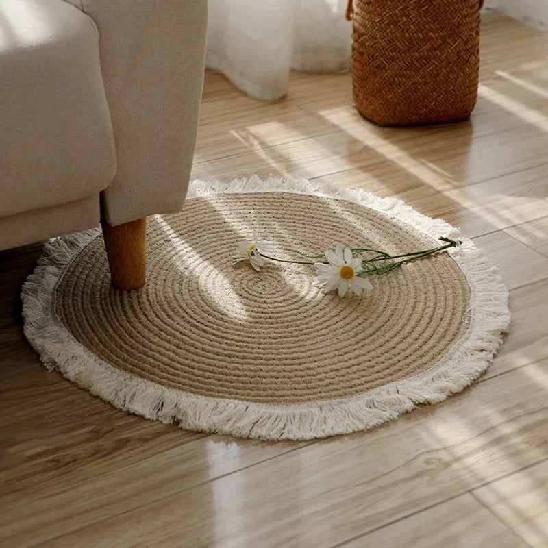 Round Woven Rug with Tassels for Bedroom & Living Room | Handmade Boho Area Rug | Natural Vintage Floor Mat in 5 Styles, 45 to 120cm