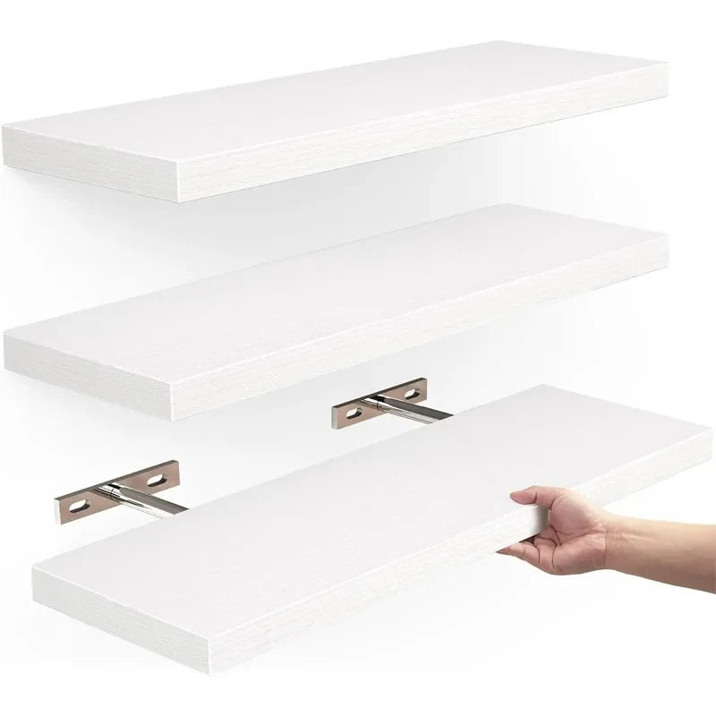 Wooden Floating Shelves with Invisible Brackets for Living Room, Bedroom & Bathroom | Sturdy Wall Mounted Shelf | Brown, Black or White