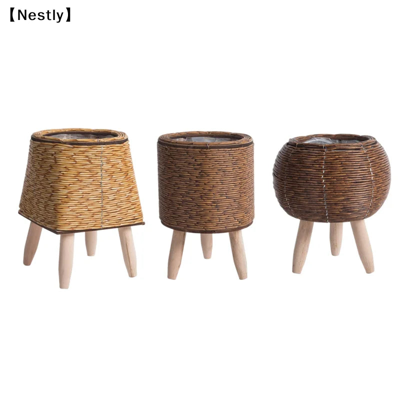 Woven Plant Stand with Removable Wooden Legs for Living Room & Patio | Handmade Rattan-Look Planter Basket | Nordic Plant Pot Holder, 6 Styles