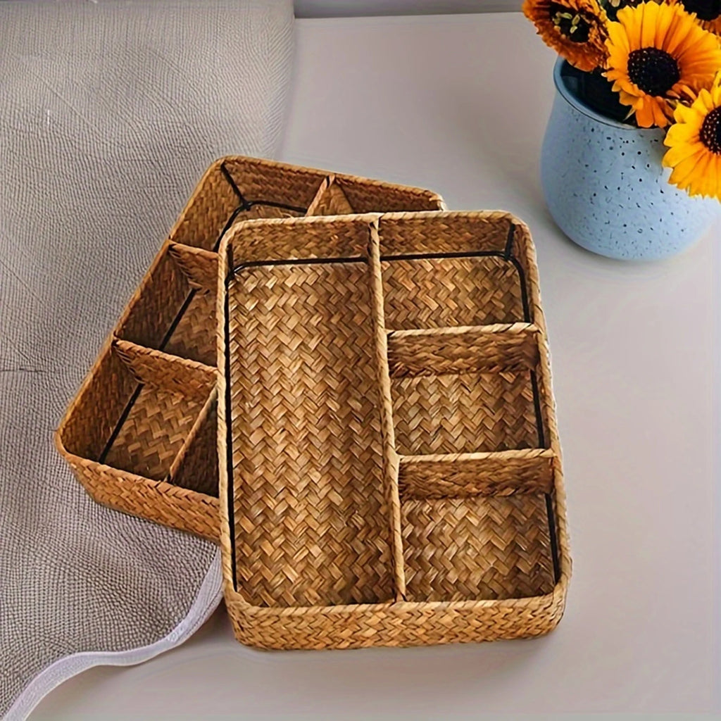 Seagrass Storage Basket with 4 Compartments for Desk, Vanity & Bathroom Counter | Handwoven Wicker Organiser | Eco-Friendly Storage