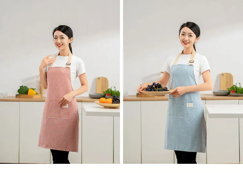Striped Linen Apron for Kitchen, Baking & Gardening | Japanese Style Cooking Apron with Adjustable Neck Strap | Minimalist Apron in 4 Colours