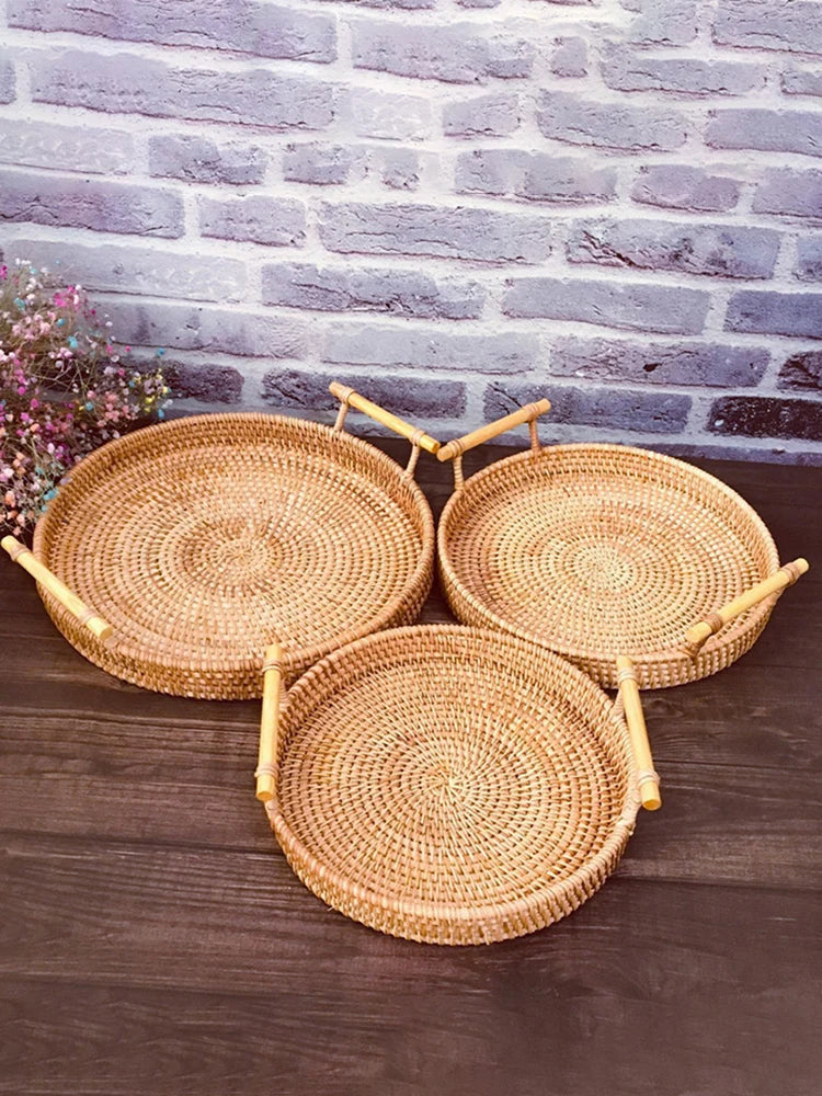 Woven Rattan Bread Basket with Strap Handle for Kitchen & Dining Table | Round Serving Tray for Fruit, Snacks & Picnics | S, M, L or Set of 3