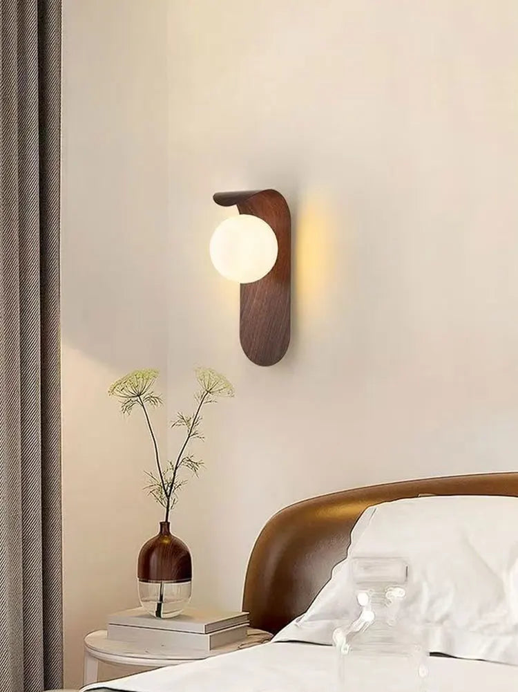 Modern Wall Sconce for Bedroom Bedside, Hallway & Staircase | Walnut Wood-Grain Wall Light | Warm Indoor Lighting in 4 Finishes