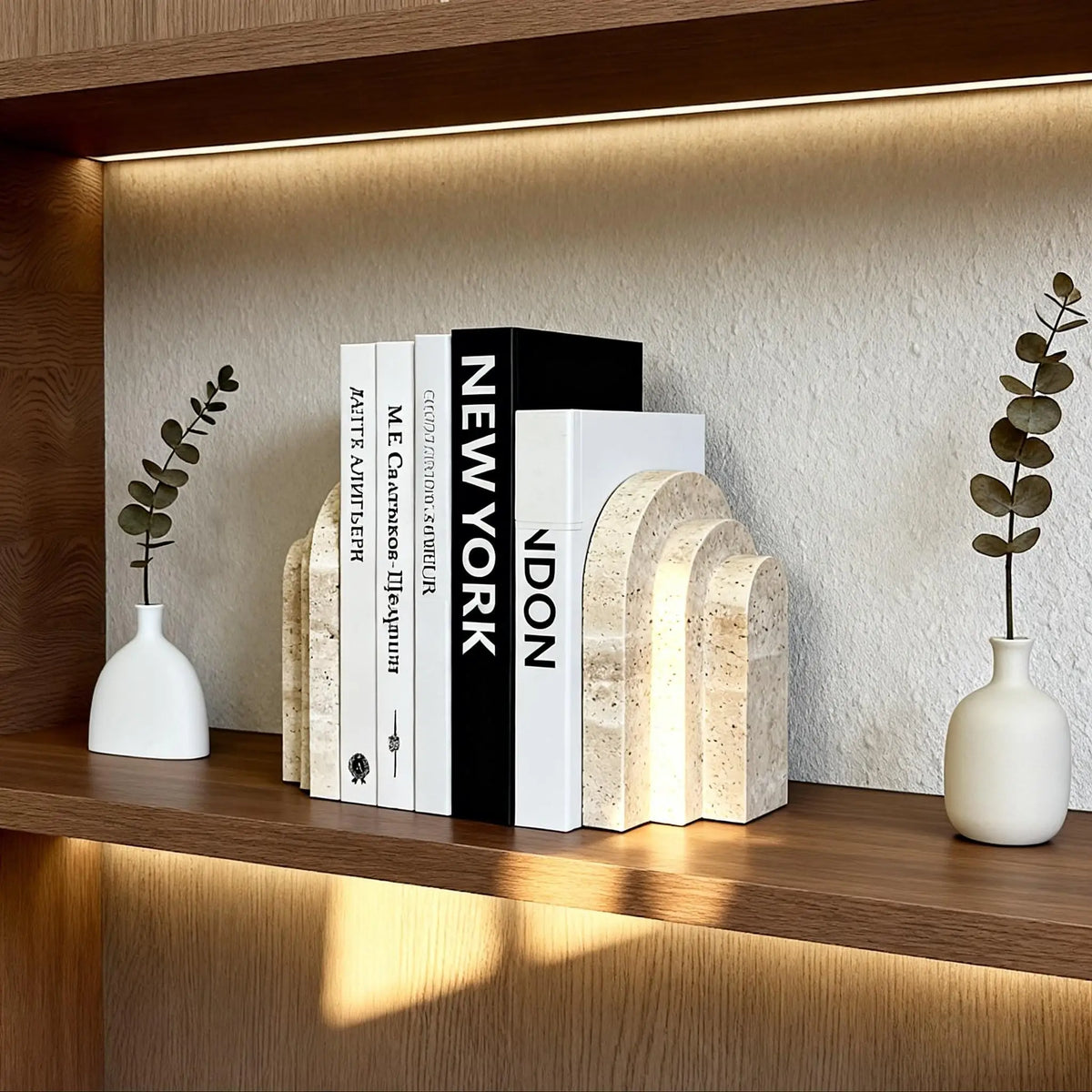 Travertine Marble Bookend for Bookshelf, Desk & Living Room | Natural Stone Book Stopper | Modern Minimalist Office Decor, 1 Piece