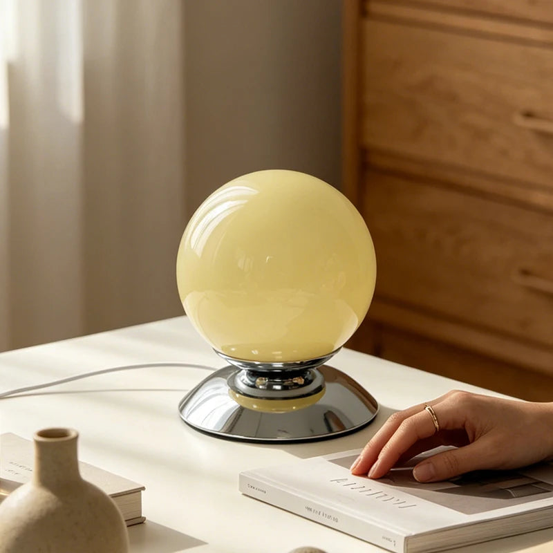 Globe Glass Table Lamp on Plinth for Bedroom & Living Room | Italian-Style Geometric Retro Bedside Lamp | Dimmable, 3 Colour Temperatures