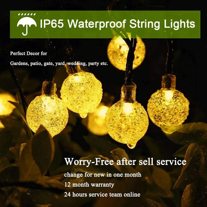 Solar String Lights for Garden, Patio & Christmas Decor | Waterproof Crystal Globe Fairy Lights | Outdoor Solar Festoon Lights, 5m–22m, 4 Colours