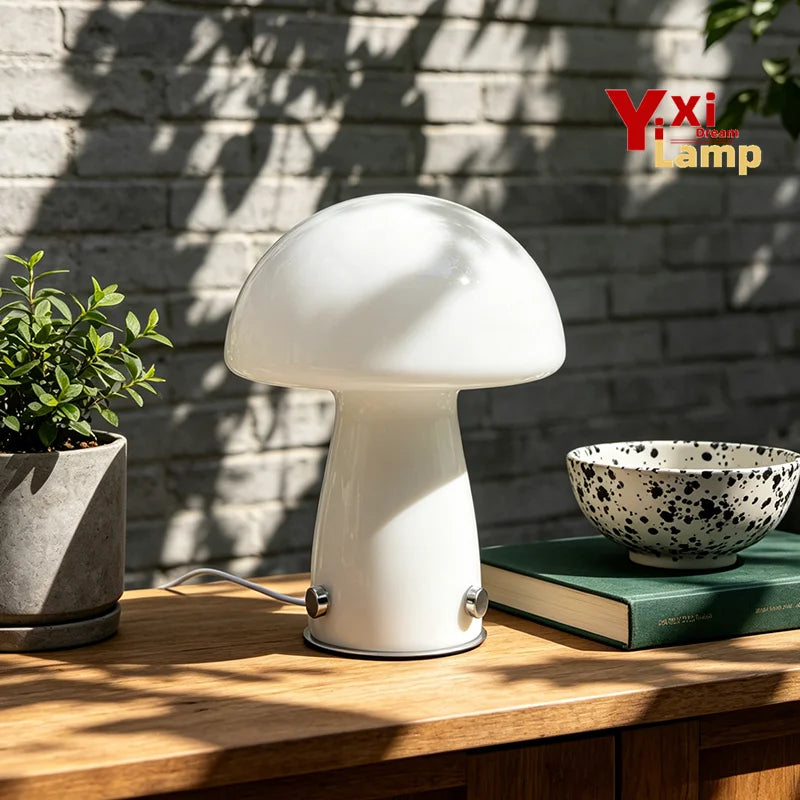 Murano-Style Glass Mushroom Lamp for Bedside & Living Room | Mid-Century Retro Table Lamp | Dimmable Plug-in LED, Swirl or Solid Designs
