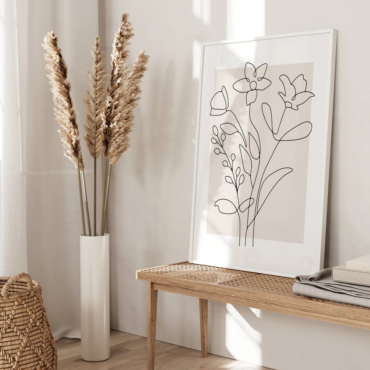 Botanical Line Art Canvas Prints for Living Room & Bedroom | Neutral Beige Minimalist Wall Art | Unframed Single or Set of 3, 20x30 to 50x70cm