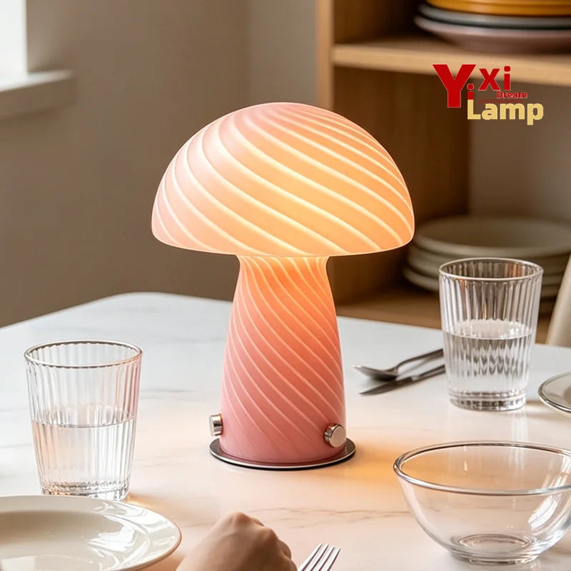 Murano-Style Glass Mushroom Lamp for Bedside & Living Room | Mid-Century Retro Table Lamp | Dimmable Plug-in LED, Swirl or Solid Designs