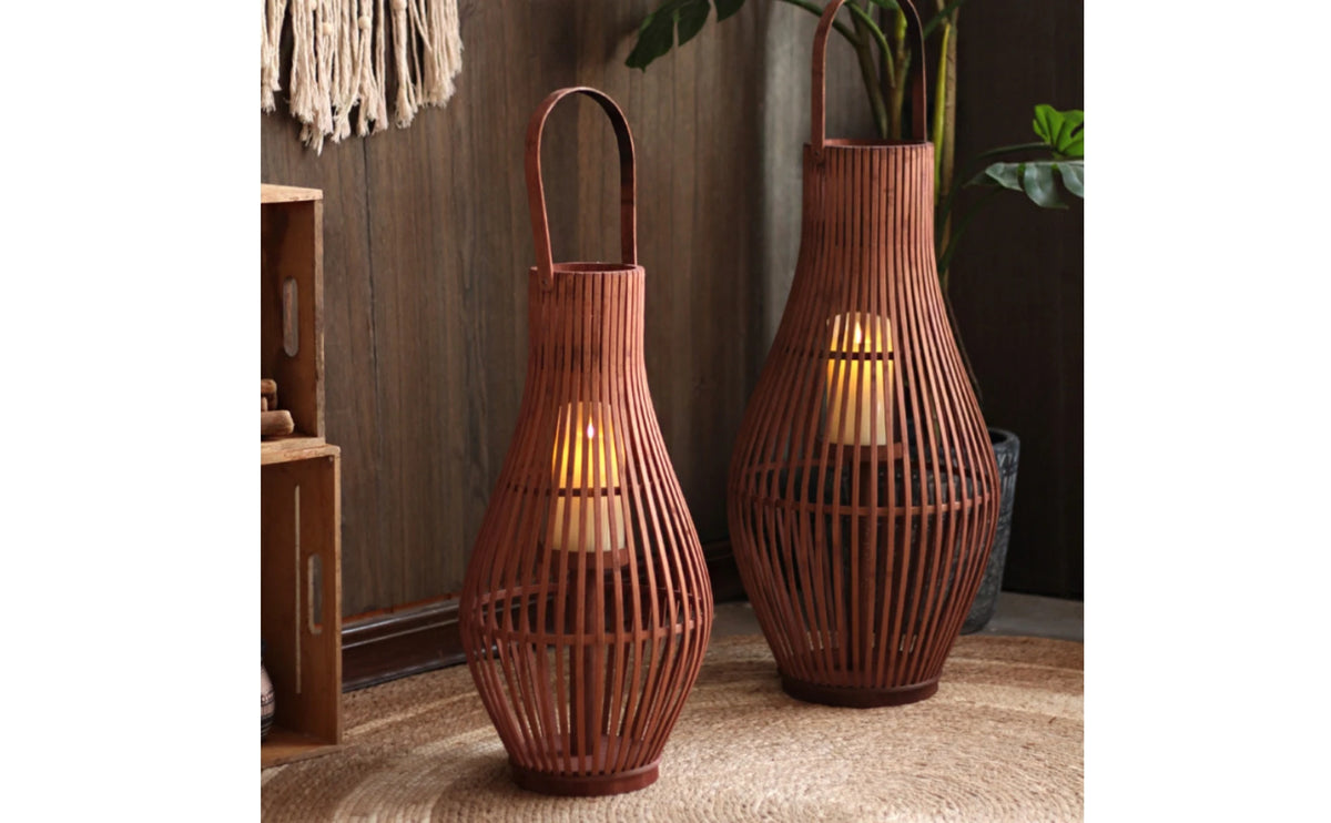Bamboo Floor Lantern for Patio, Garden & Living Room | Handwoven Boho Lantern with LED Candle | Rustic Decorative Lighting, Small or Large