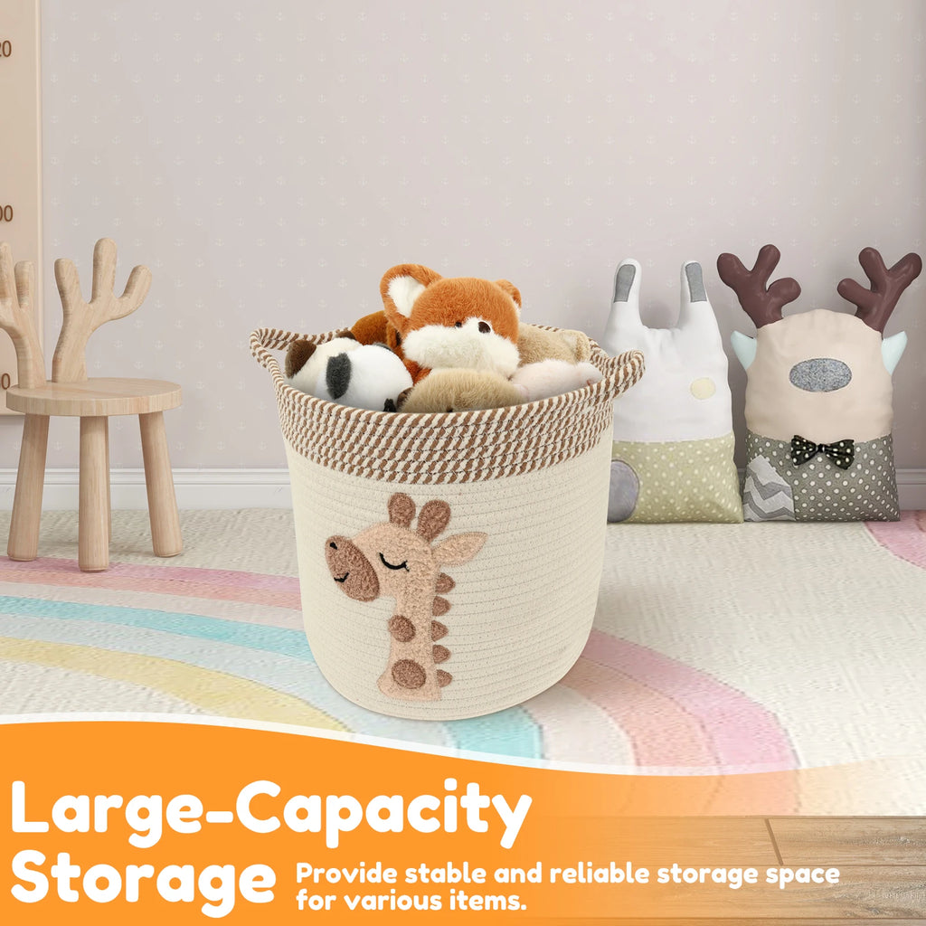 Cotton Rope Storage Basket for Living Room, Nursery & Bedroom | Woven Blanket & Toy Basket with Embroidery | Laundry Hamper 30x28cm