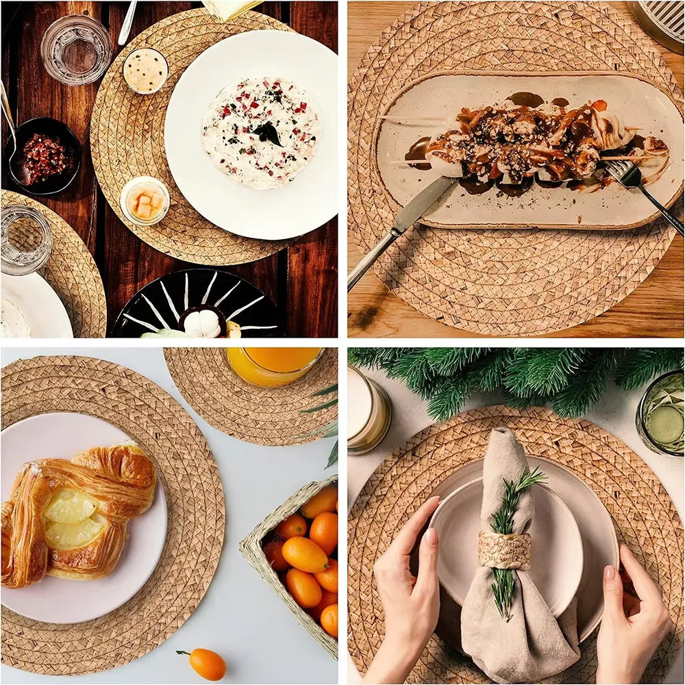 Round Woven Placemats for Dining Table | Natural Straw & Water Hyacinth-Style Boho Place Mats | Farmhouse Table Decor, 30–38cm