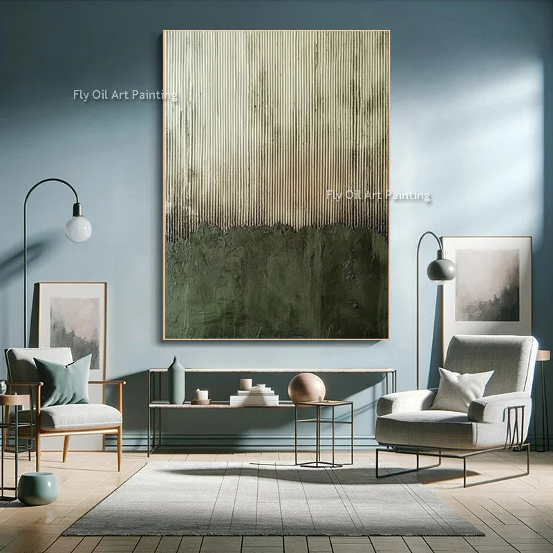 Large Abstract Canvas Wall Art | Handmade Textured Oil Painting in Grass Green & Beige, Original Artwork for Living Room & Home Decor, 50x70–150x220cm
