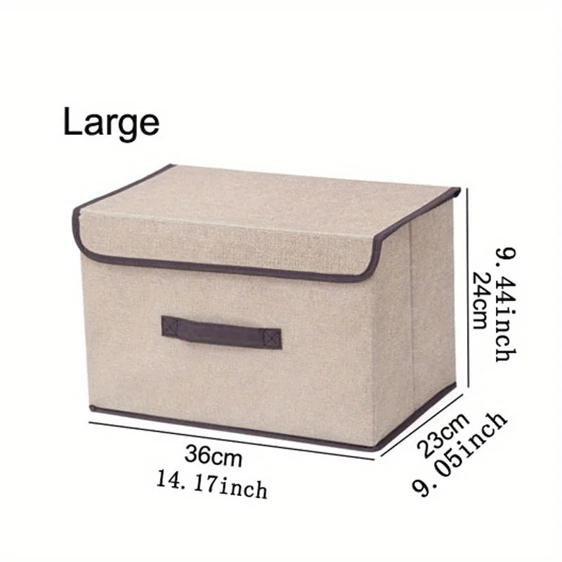 Foldable Linen-Look Storage Box with Lid for Closet & Bedroom | Dustproof Fabric Storage Bin | Clothes & Sundries Organiser, S or L