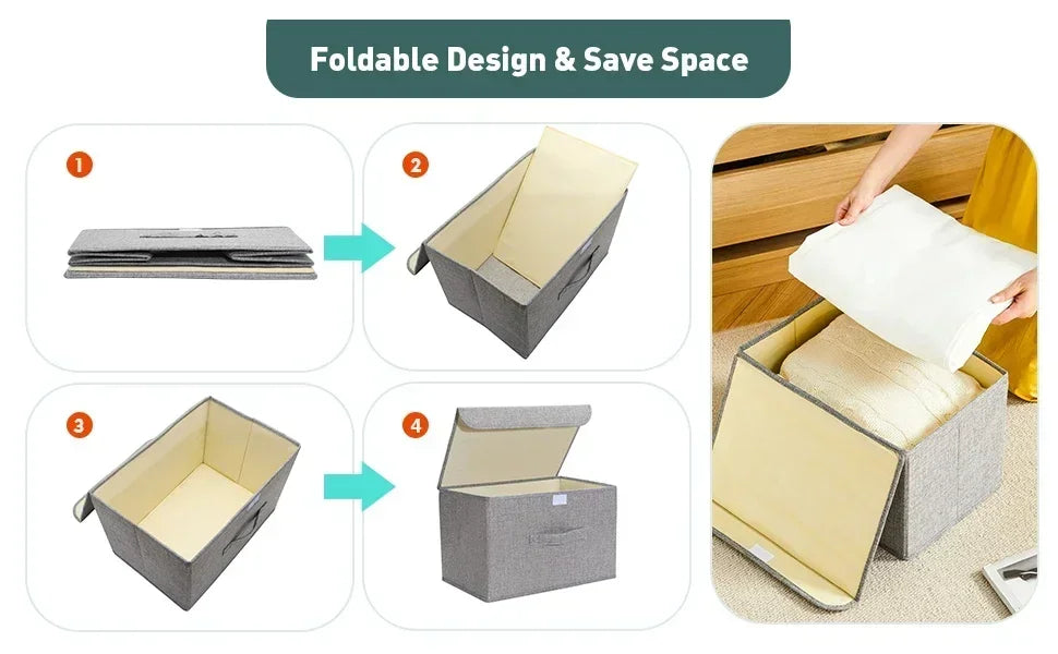 Foldable Cotton Linen Storage Box with Lid for Closet, Nursery & Shelves | Washable Fabric Storage Bin | Toy & Clothes Organiser, 2 Sizes