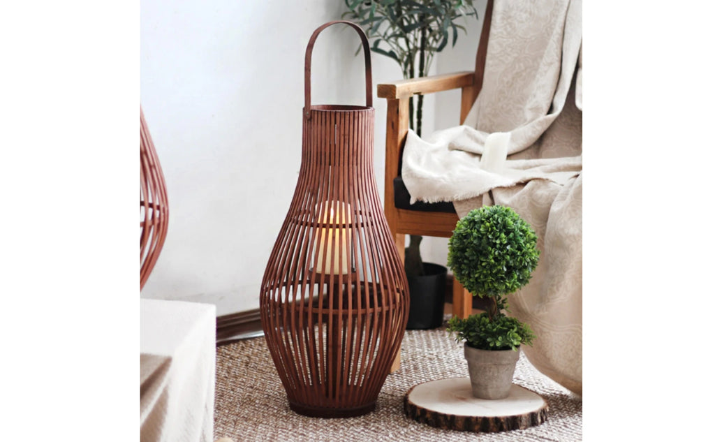 Bamboo Floor Lantern for Patio, Garden & Living Room | Handwoven Boho Lantern with LED Candle | Rustic Decorative Lighting, Small or Large