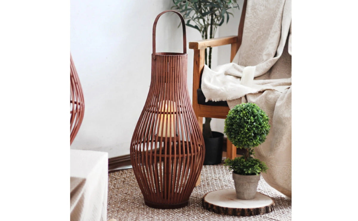 Bamboo Floor Lantern for Patio, Garden & Living Room | Handwoven Boho Lantern with LED Candle | Rustic Decorative Lighting, Small or Large