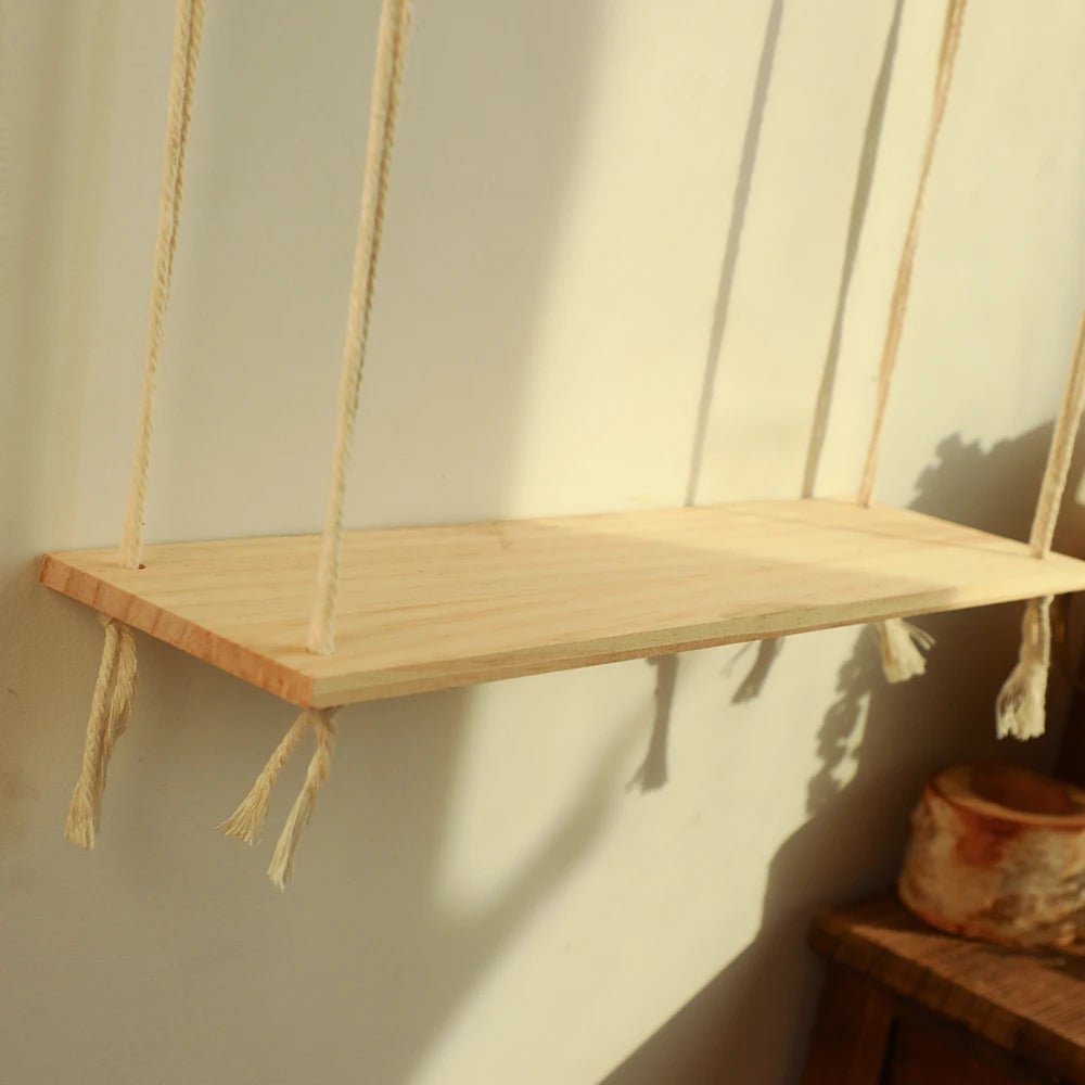 Macrame Hanging Wall Shelf for Bedroom, Bathroom & Living Room | 2-Tier Pine Wood Floating Shelves | Boho Wall Decor, 2 Designs