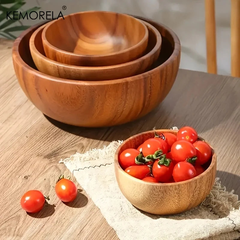 Acacia Wood Salad Bowl for Kitchen & Dining Table | Natural Wooden Serving Bowl for Fruit & Snacks | Heat-Insulating Tableware, 4 Styles
