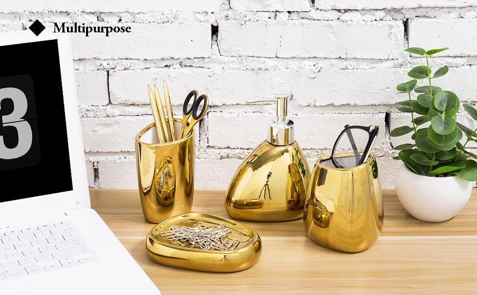 Ceramic Bathroom Accessories Set for Vanity & Bathroom Counter | Soap Dispenser, Tumbler, Toothbrush Holder & Soap Dish | 4 or 5 Pieces in White, Silver or Gold