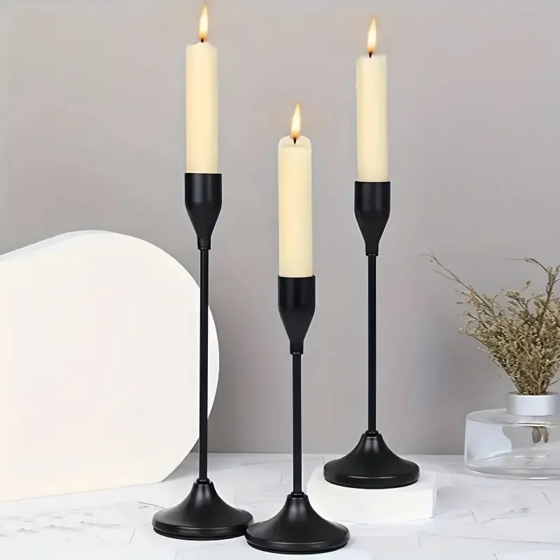 Black Metal Candle Holder Set for Dining Table & Mantel | Nordic Minimalist Taper Candlesticks with Round Base | Wedding & Party Centrepiece, 3–30 Pcs