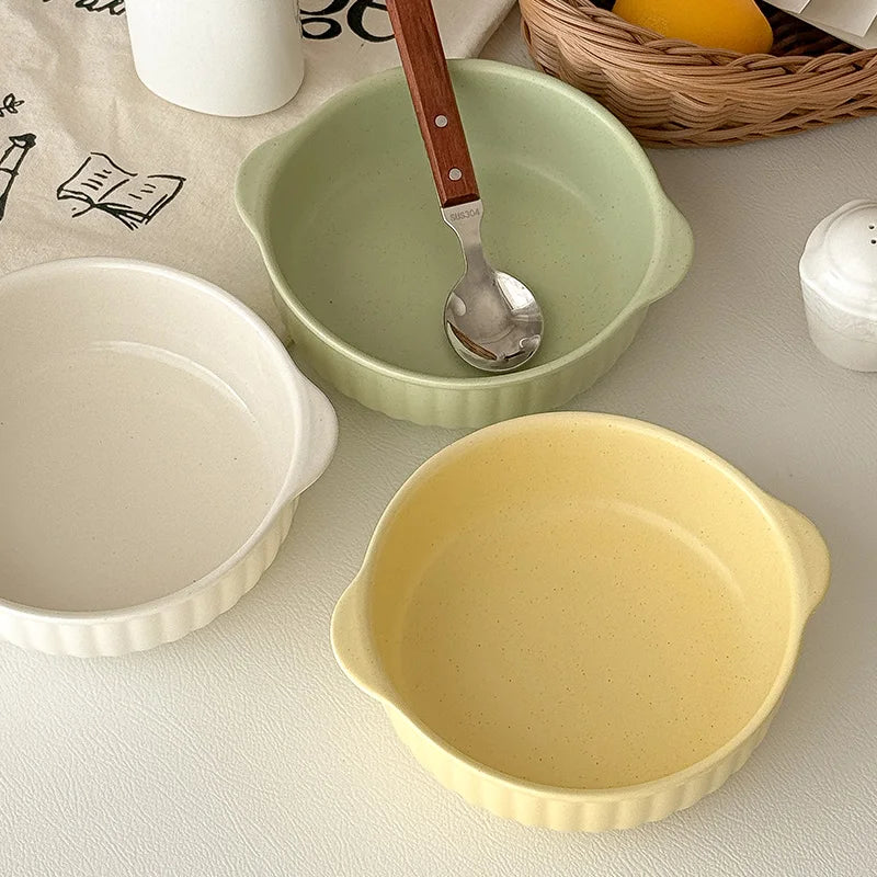 Large Ceramic Bowl with Double Handles for Soup, Salad & Noodles | Microwave & Oven Safe Porcelain Tableware | Minimalist Kitchen Bowl, 3 Colours