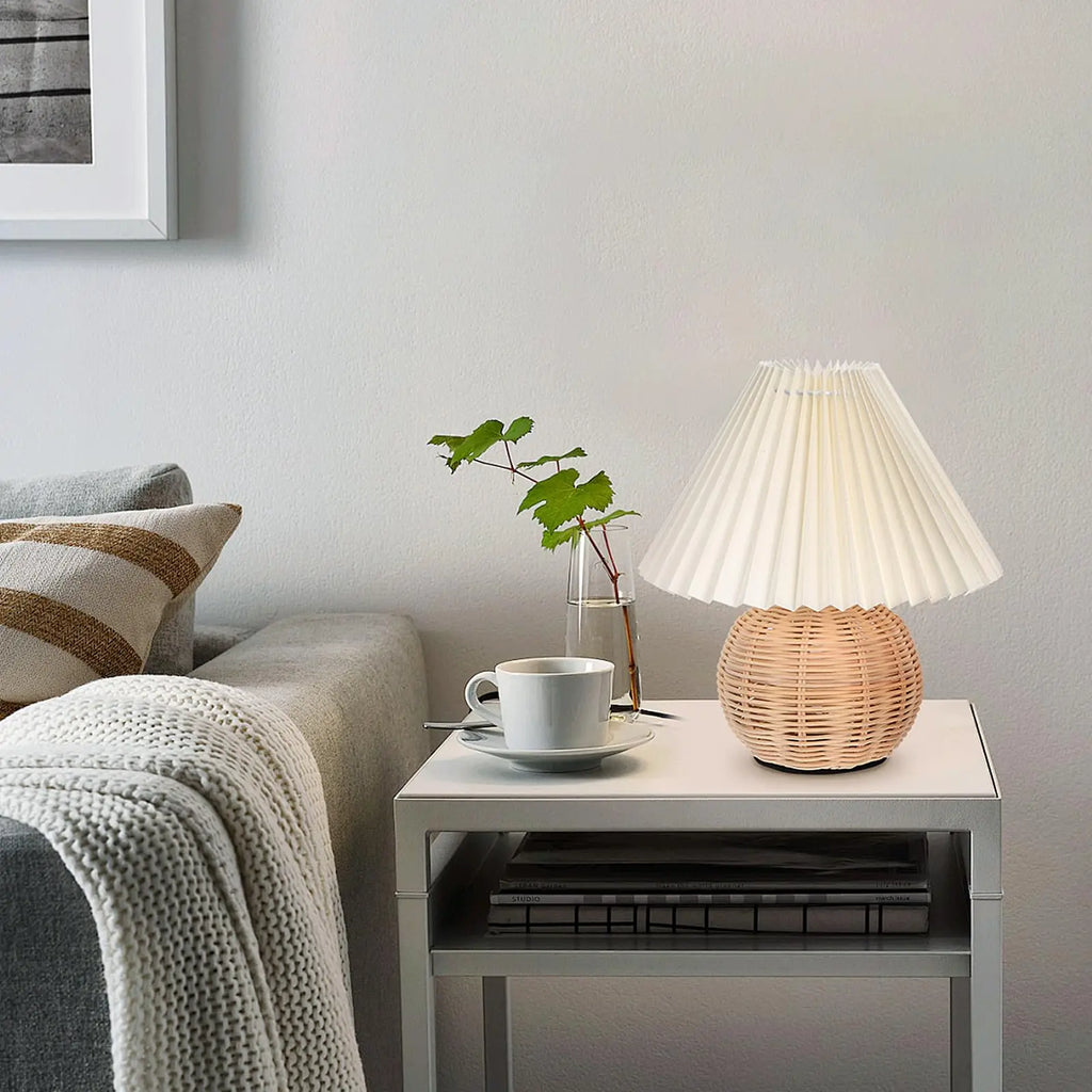 Rattan Table Lamp for Bedroom Nightstand & Reading Corner | Hand-Woven Base with Pleated Umbrella Shade | Vintage Dimmable Bedside Lamp
