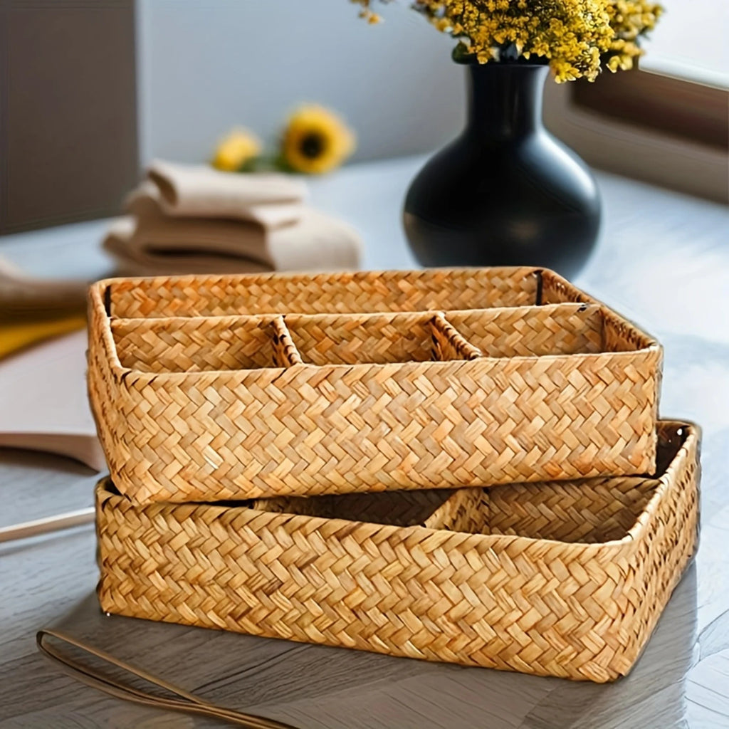 Seagrass Storage Basket with 4 Compartments for Desk, Vanity & Bathroom Counter | Handwoven Wicker Organiser | Eco-Friendly Storage