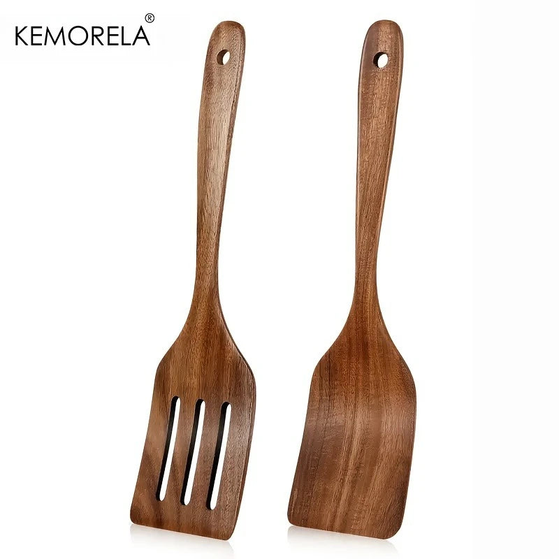 Wooden Cooking Spatula Set of 2 for Nonstick Pans | Natural Wood Kitchen Utensils for Flipping, Stirring & Baking | Scratch Free Kitchen Tools