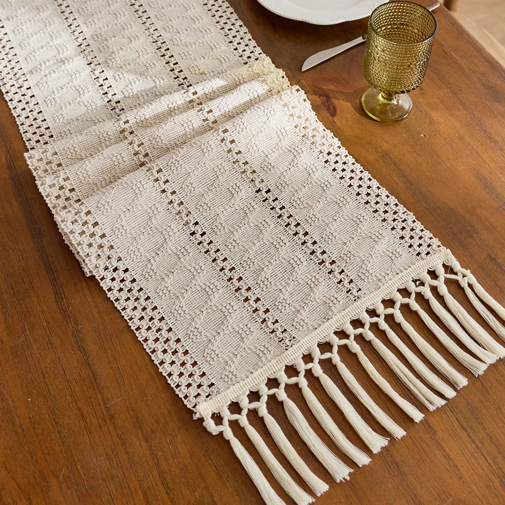 Boho Table Runner with Tassels for Kitchen & Dining Table | Beige Woven Farmhouse Table Runner | Rustic Table Decor, 9 Sizes 30x50cm to 30x300cm