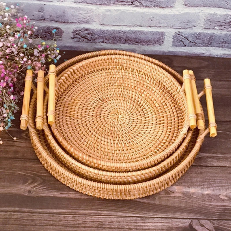 Woven Rattan Bread Basket with Strap Handle for Kitchen & Dining Table | Round Serving Tray for Fruit, Snacks & Picnics | S, M, L or Set of 3
