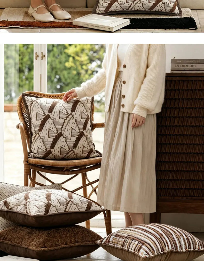 Brown Striped Chenille Throw Pillow Cover for Living Room Sofa & Bed | Textured Neutral Bedroom Decor | 45x45cm & 30x50cm