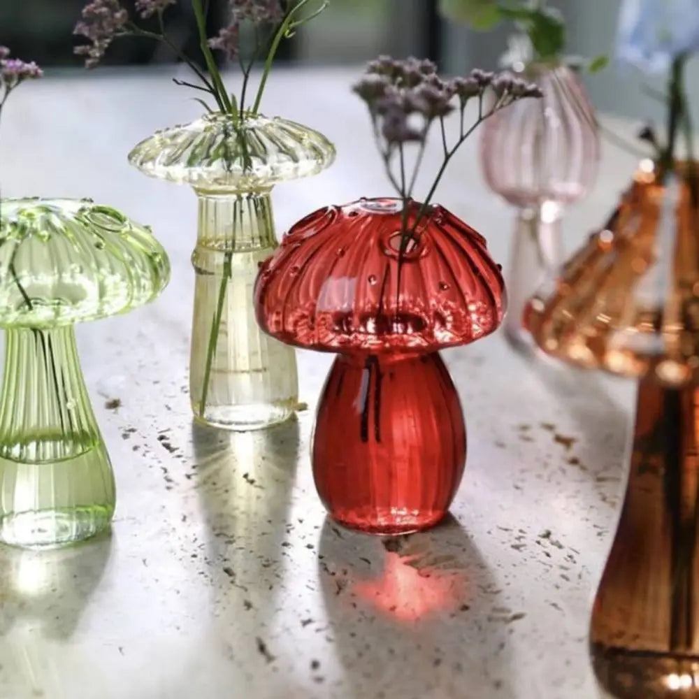 Mushroom Glass Vase for Desk, Shelf & Windowsill | Hydroponic Plant & Bud Vase | Colourful Modern Home Decor Ornament in 12 Colours