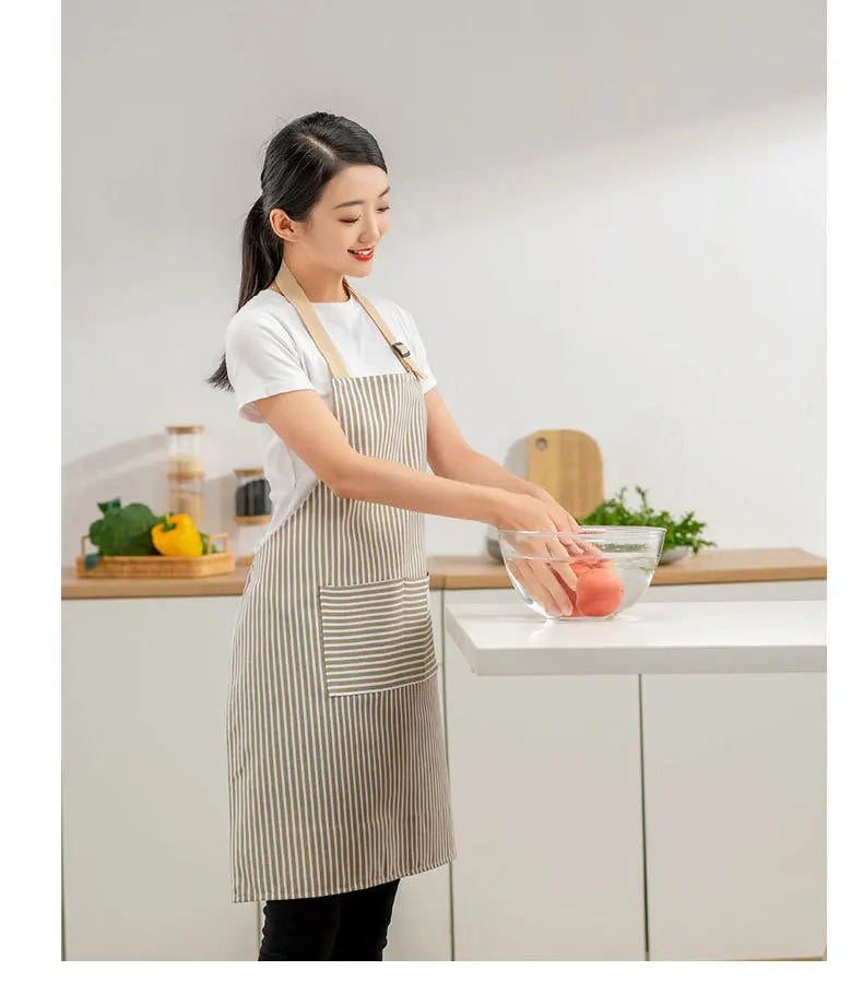 Striped Linen Apron for Kitchen, Baking & Gardening | Japanese Style Cooking Apron with Adjustable Neck Strap | Minimalist Apron in 4 Colours