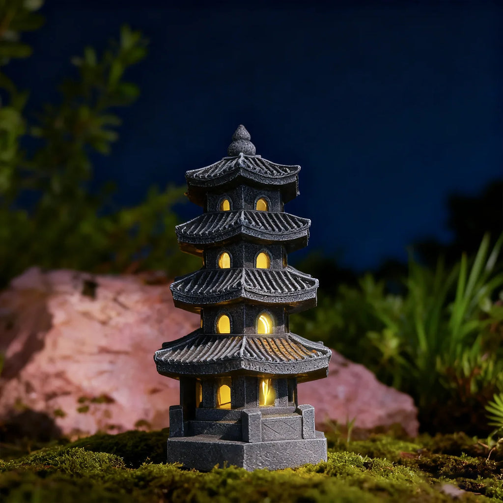 Solar Pagoda Lantern Statue for Garden, Patio & Zen Garden | Japanese Style Resin Garden Ornament | Warm LED Solar Garden Light, 4 Styles