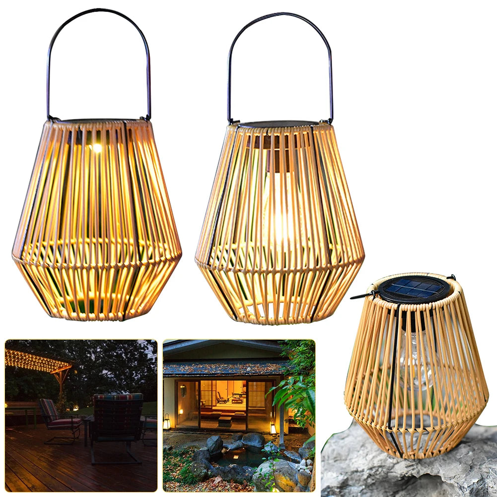 Large Rattan Solar Lantern for Balcony, Patio & Garden | IP65 Waterproof Hanging Bamboo Weave Light | Solar Outdoor Lighting, 2 Options